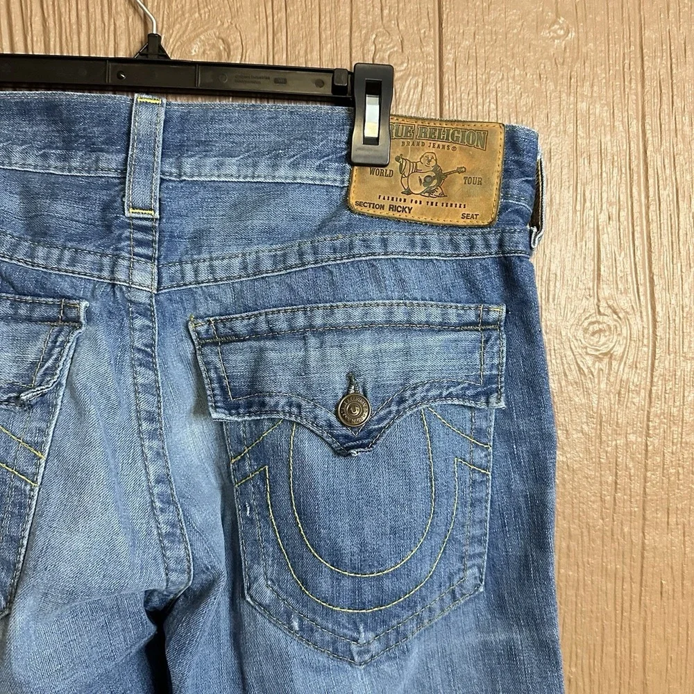True Religion Jeans Men 38x34 Blue Denim Pants Flap Thrashed Distressed Straight